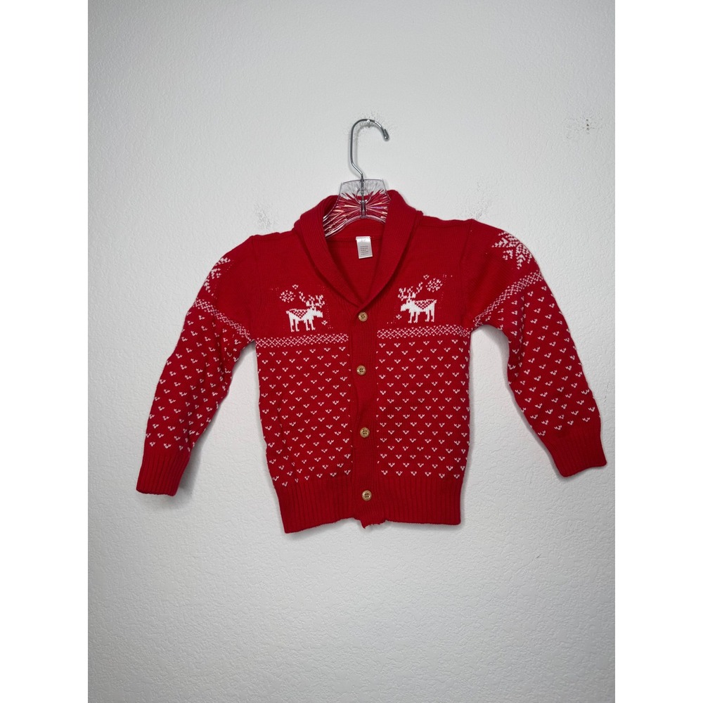 Kids Red Reindeer Fair Isle Shawl Collar Cardigan Sweater 2T-3T‎ No Brand